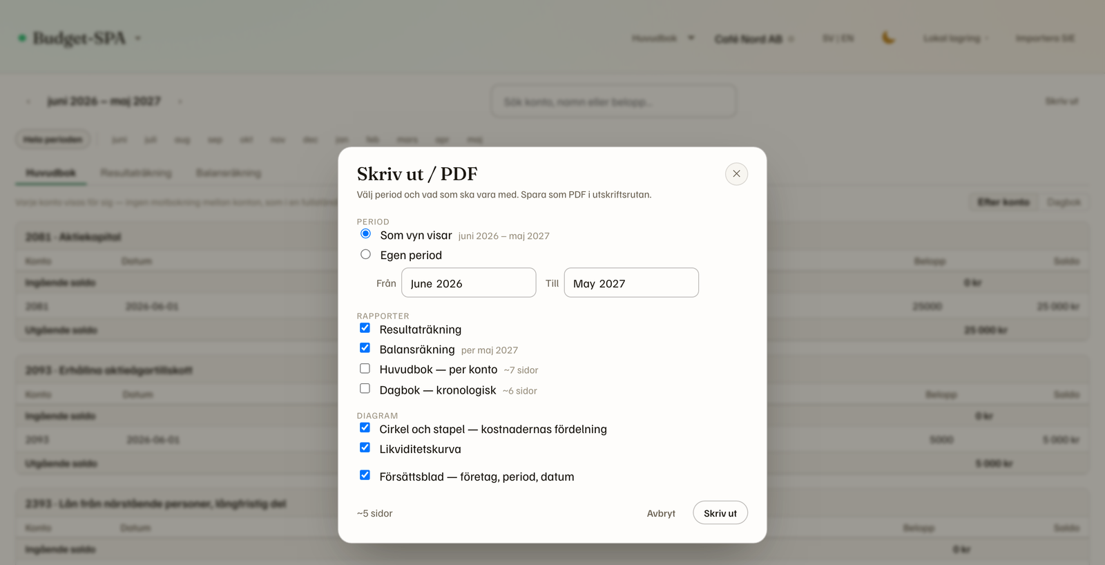 The print chooser open over Huvudbok
