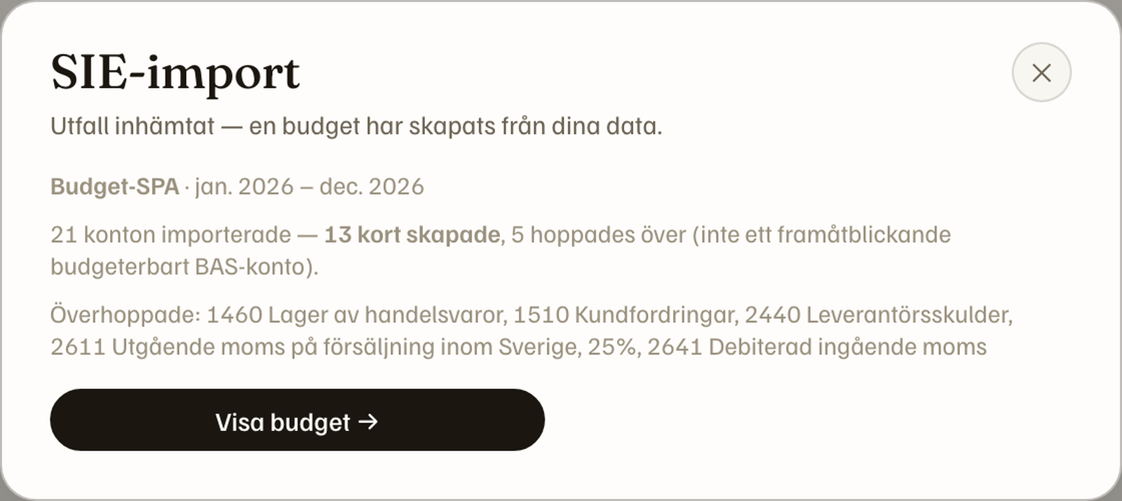 SIE import summary